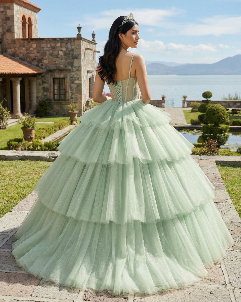 Sage Green  Luxury Tiered Tulle Ruffles Beaded Ball Gown Quinceanera Dress - Curvevia