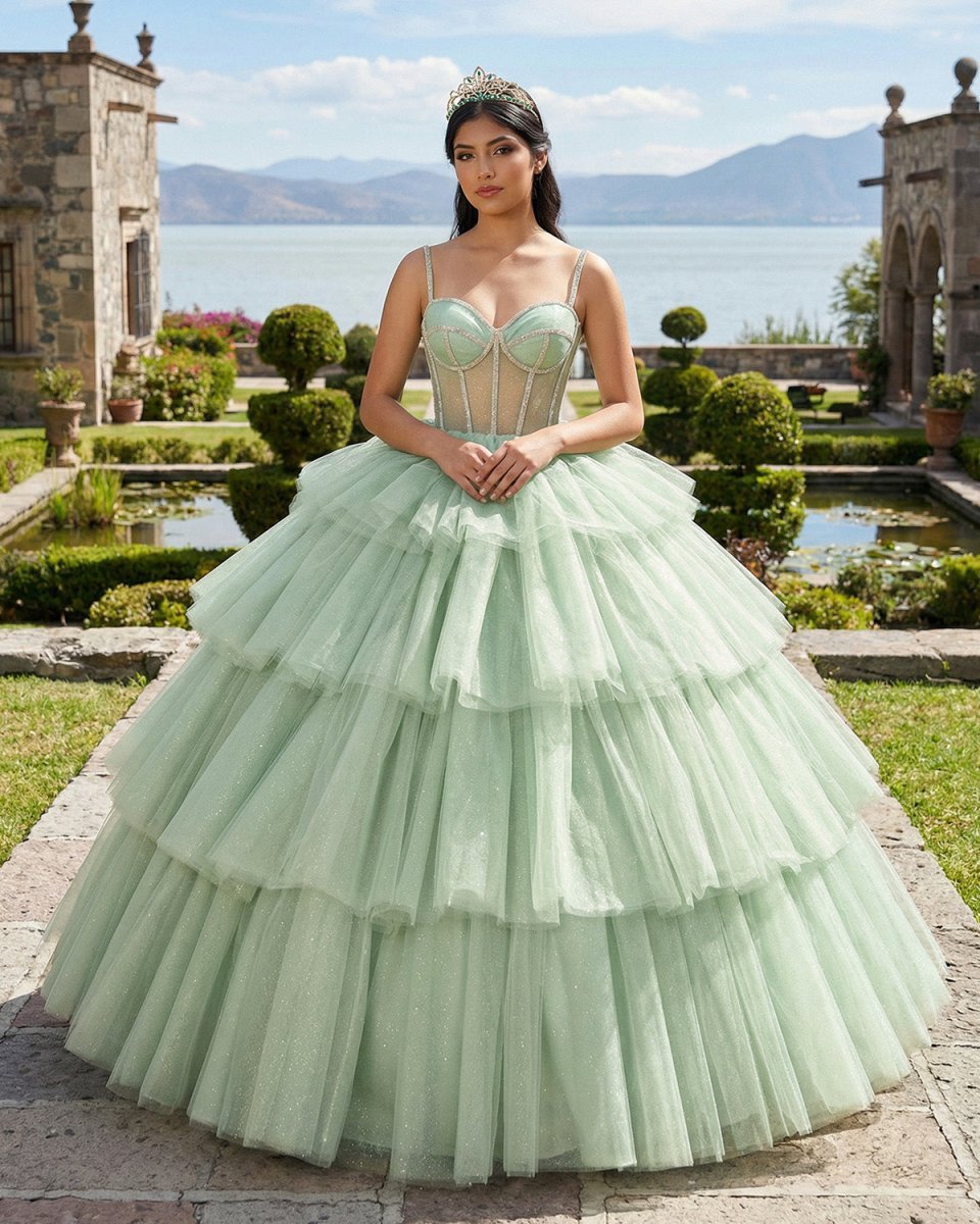 Sage Green  Luxury Tiered Tulle Ruffles Beaded Ball Gown Quinceanera Dress - Curvevia