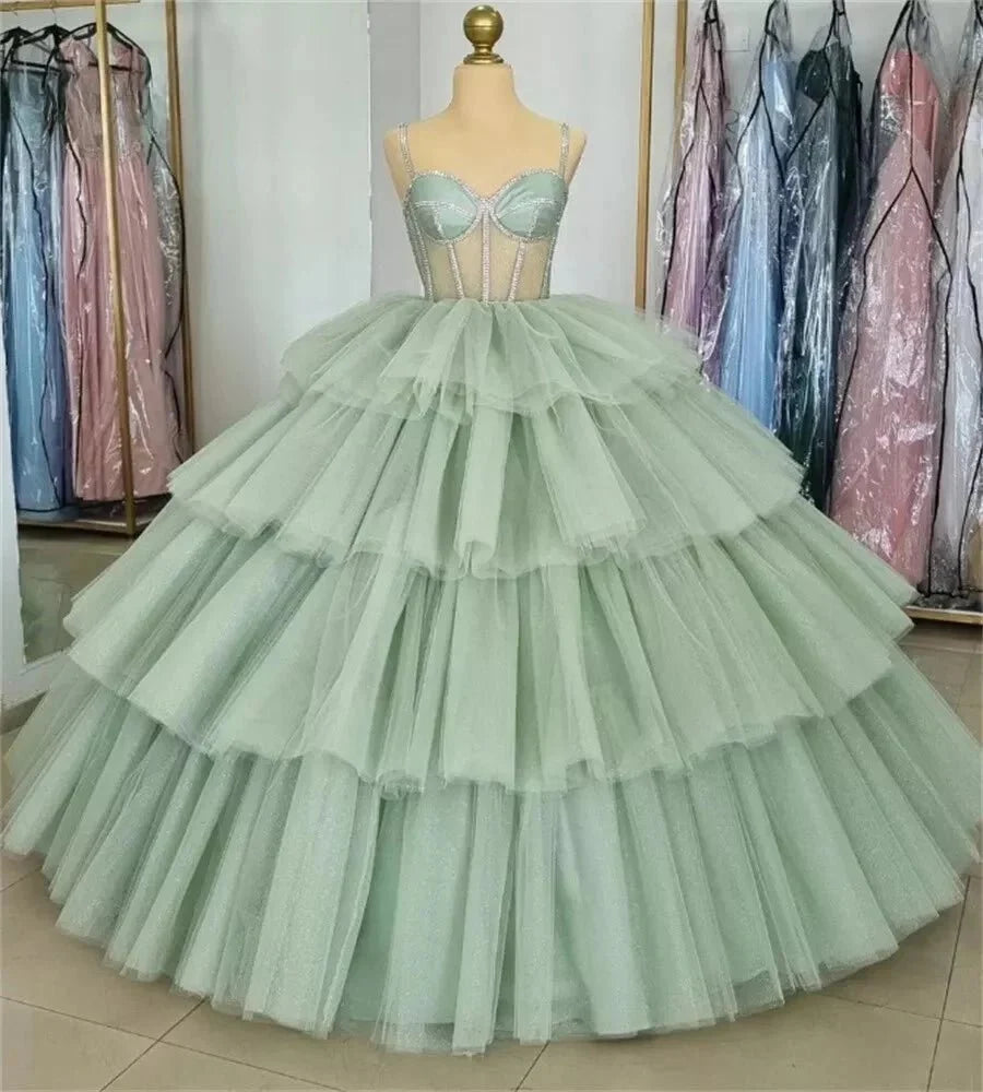 Sage Green  Luxury Tiered Tulle Ruffles Beaded Ball Gown Quinceanera Dress - Curvevia