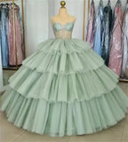 Sage Green  Luxury Tiered Tulle Ruffles Beaded Ball Gown Quinceanera Dress - Curvevia