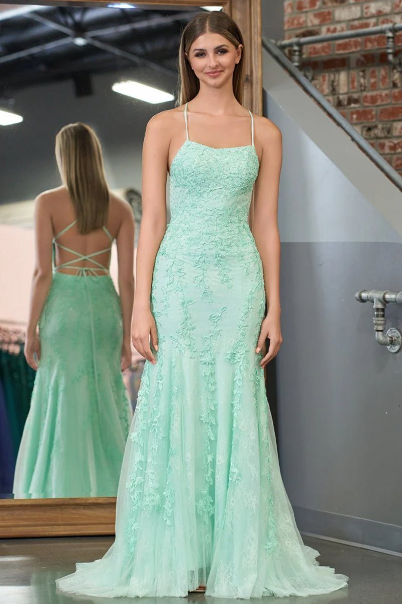 Mermaid Spaghetti Straps Lace Evening Dress - Curvevia