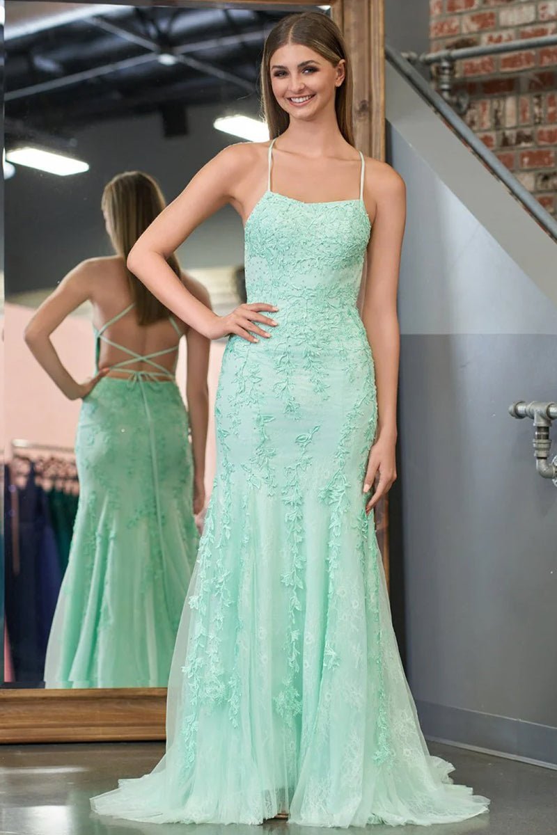 Mermaid Spaghetti Straps Lace Evening Dress - Curvevia