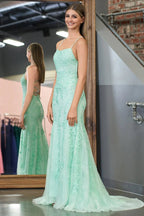 Mermaid Spaghetti Straps Lace Evening Dress - Curvevia
