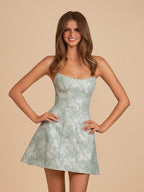 Sage A Line Scoop Neck Short Wedding Guest Dress With Lace Appliques - Curvevia