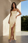 Pink Sheath Spaghetti Straps Sequins Pleated Long Prom Dresses With Ruffles - Curvevia
