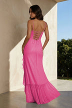 Pink Sheath Spaghetti Straps Sequins Pleated Long Prom Dresses With Ruffles - Curvevia