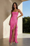 Pink Sheath Spaghetti Straps Sequins Pleated Long Prom Dresses With Ruffles - Curvevia