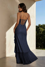 Pink Sheath Spaghetti Straps Sequins Pleated Long Prom Dresses With Ruffles - Curvevia