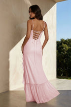 Pink Sheath Spaghetti Straps Sequins Pleated Long Prom Dresses With Ruffles - Curvevia