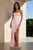 Pink Sheath Spaghetti Straps Sequins Pleated Long Prom Dresses With Ruffles - Curvevia