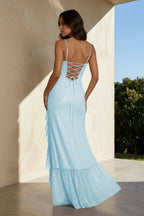Pink Sheath Spaghetti Straps Sequins Pleated Long Prom Dresses With Ruffles - Curvevia