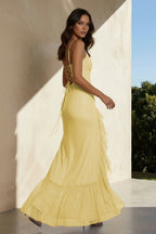 Pink Sheath Spaghetti Straps Sequins Pleated Long Prom Dresses With Ruffles - Curvevia