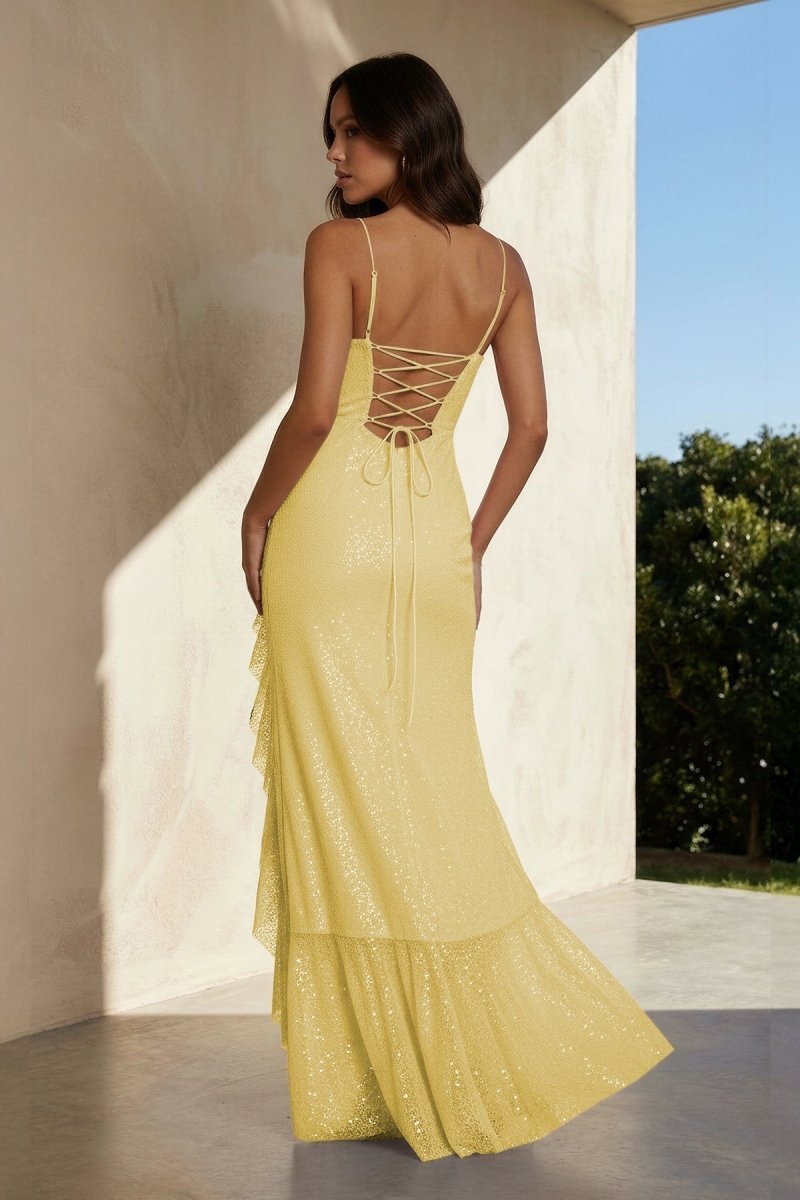 Pink Sheath Spaghetti Straps Sequins Pleated Long Prom Dresses With Ruffles - Curvevia