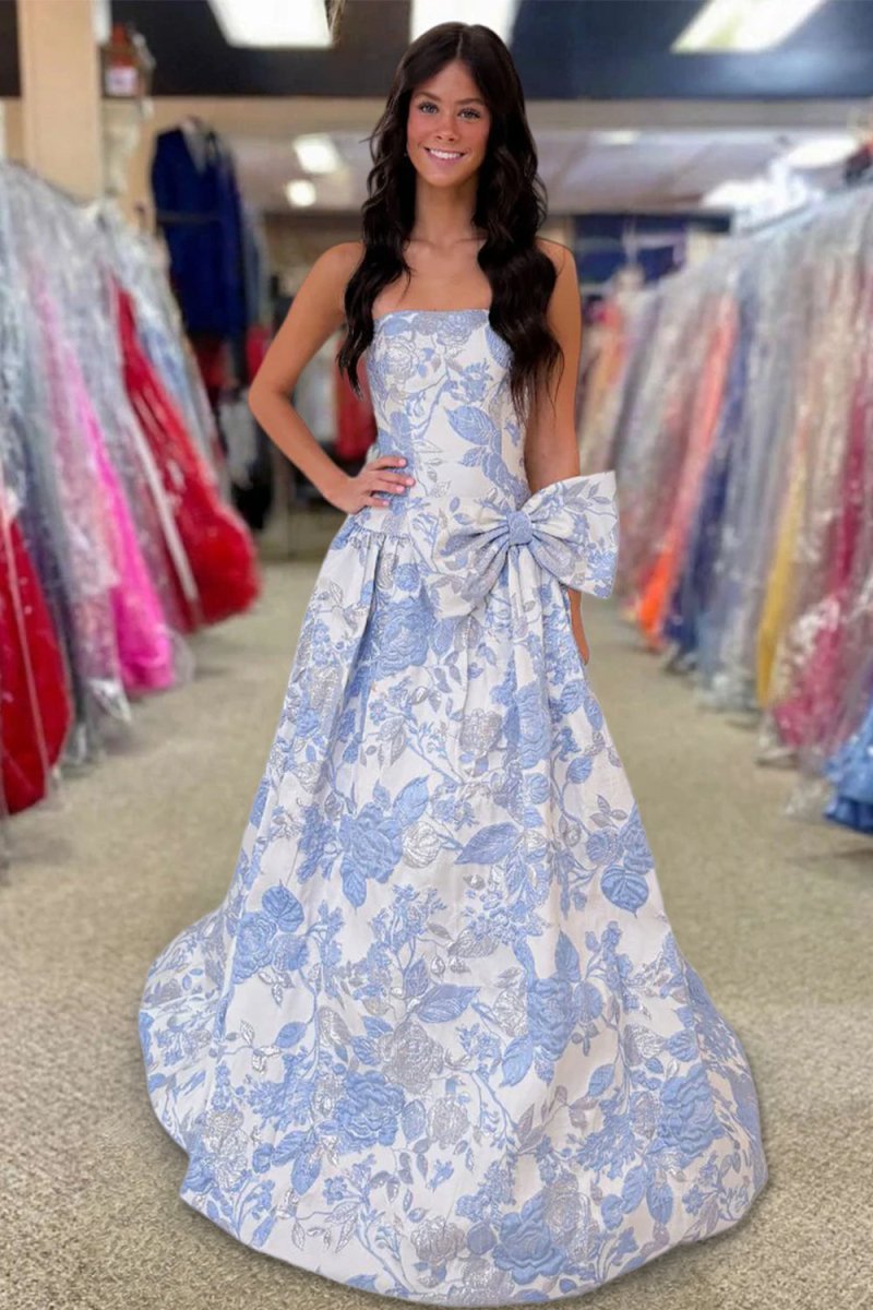 Lavender Strapless A Line Floral Printed Long Wedding Guest Dress With Bow - Curvevia
