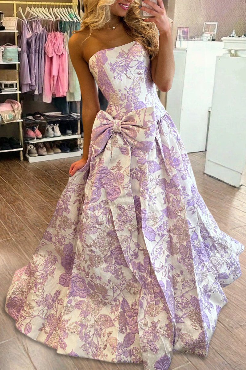 Lavender Strapless A Line Floral Printed Long Wedding Guest Dress With Bow - Curvevia