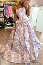 Lavender Strapless A Line Floral Printed Long Wedding Guest Dress With Bow - Curvevia