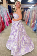 Lavender Strapless A Line Floral Printed Long Wedding Guest Dress With Bow - Curvevia