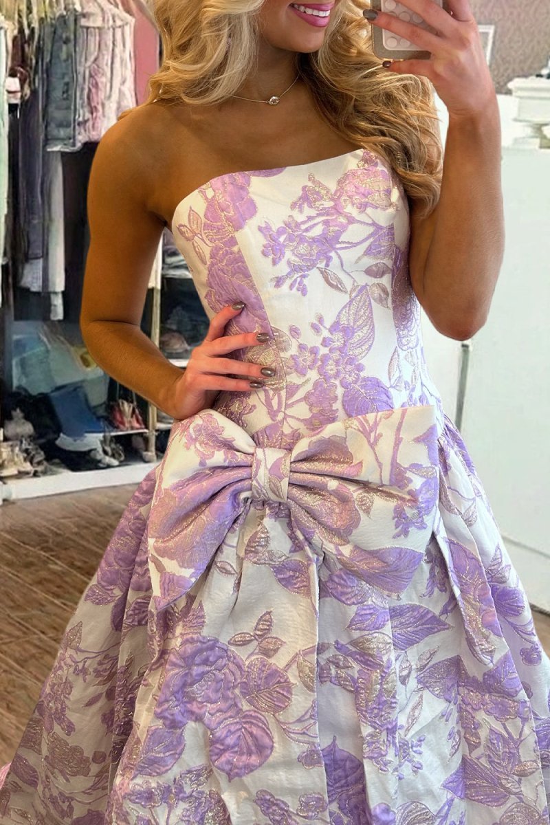 Lavender Strapless A Line Floral Printed Long Wedding Guest Dress With Bow - Curvevia