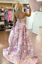 Lavender Strapless A Line Floral Printed Long Wedding Guest Dress With Bow - Curvevia