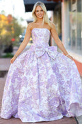 Lavender Strapless A Line Floral Printed Long Wedding Guest Dress With Bow - Curvevia