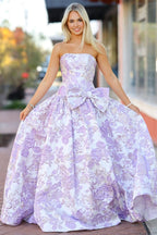 Lavender Strapless A Line Floral Printed Long Wedding Guest Dress With Bow - Curvevia