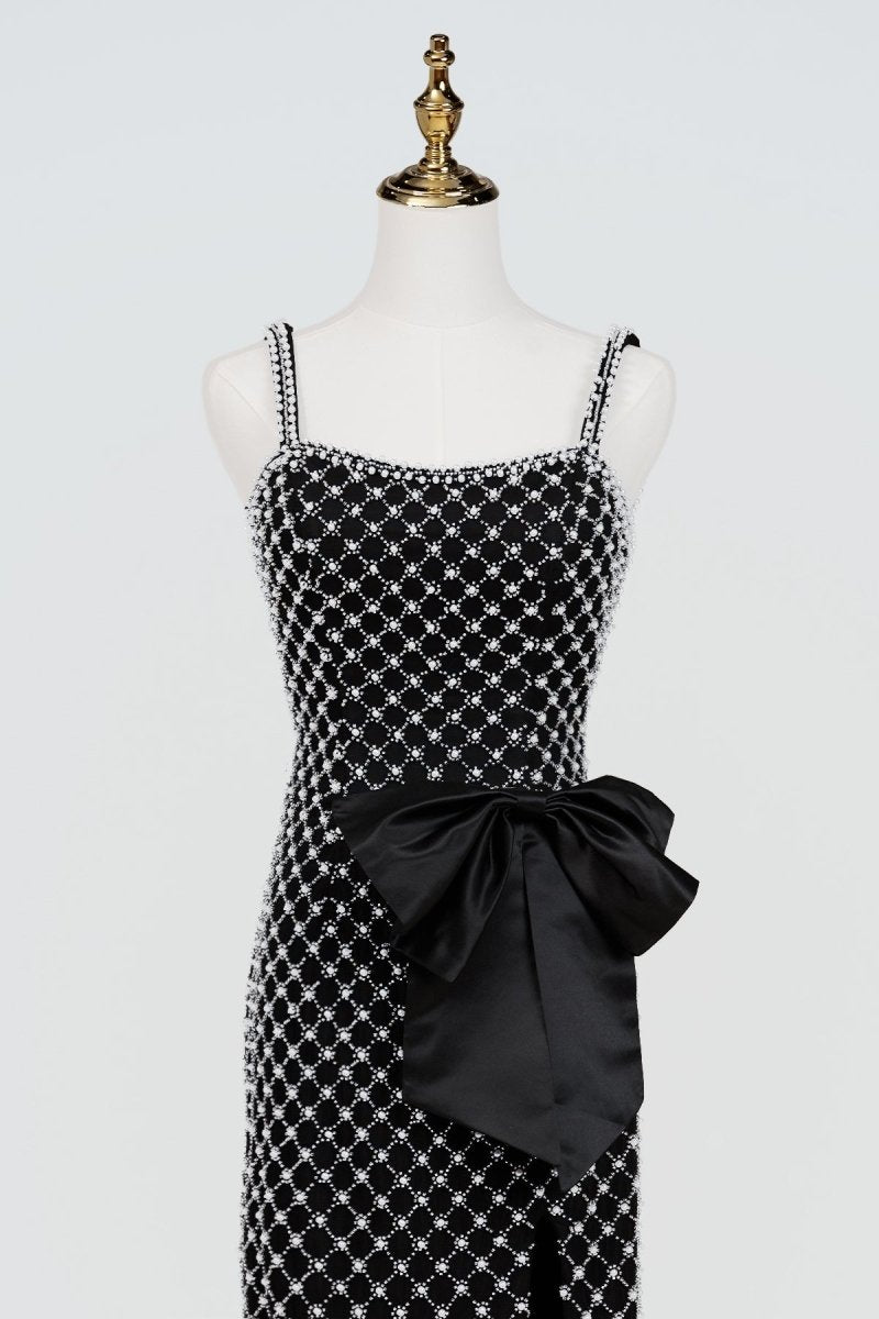 Black Spaghetti Straps Sheath Satin Beaded Formal Prom Dresses With Bowknot - Curvevia