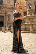 Black Spaghetti Straps Sheath Satin Beaded Formal Prom Dresses With Bowknot - Curvevia
