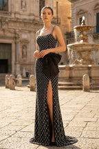 Black Spaghetti Straps Sheath Satin Beaded Formal Prom Dresses With Bowknot - Curvevia