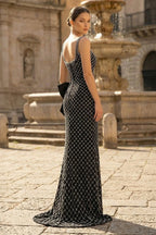 Black Spaghetti Straps Sheath Satin Beaded Formal Prom Dresses With Bowknot - Curvevia