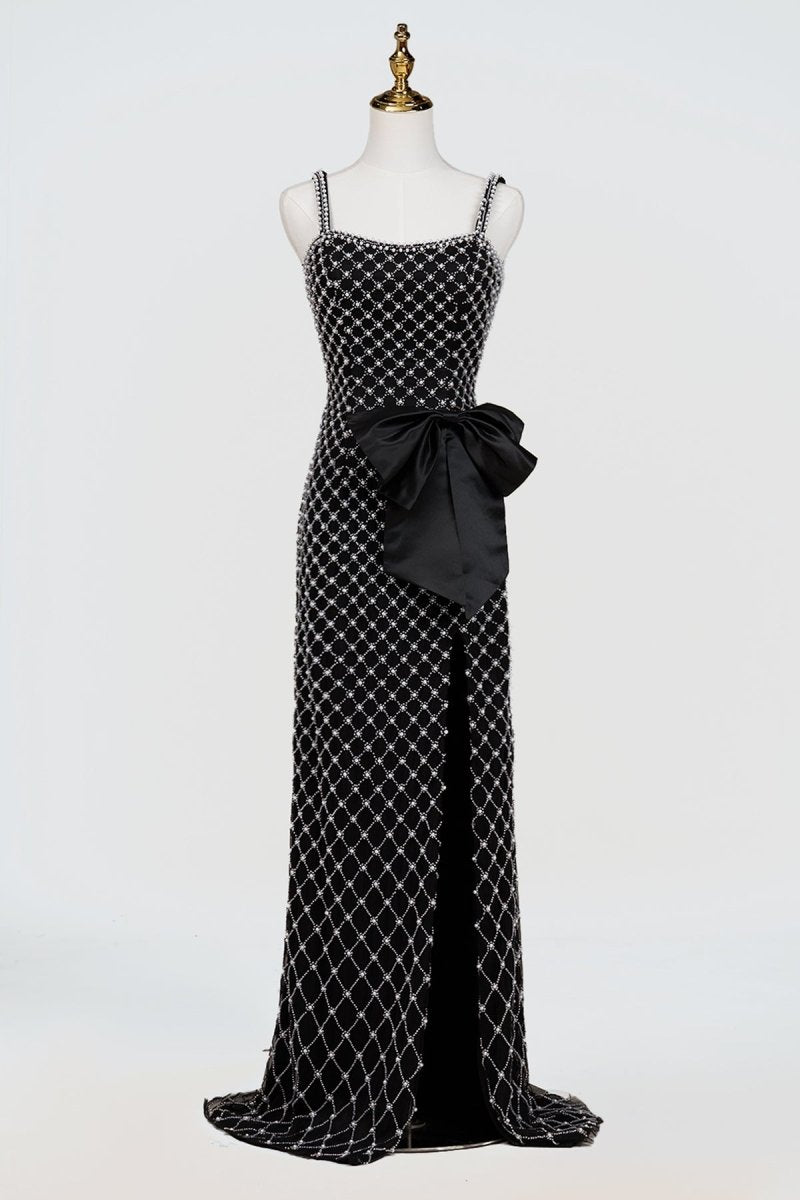 Black Spaghetti Straps Sheath Satin Beaded Formal Prom Dresses With Bowknot - Curvevia