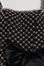 Black Spaghetti Straps Sheath Satin Beaded Formal Prom Dresses With Bowknot - Curvevia