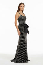 Black Spaghetti Straps Sheath Satin Beaded Formal Prom Dresses With Bowknot - Curvevia