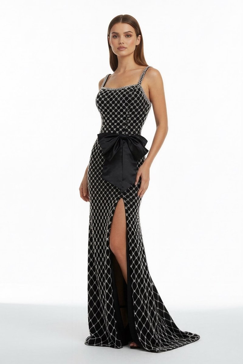 Black Spaghetti Straps Sheath Satin Beaded Formal Prom Dresses With Bowknot - Curvevia
