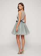 Green Tulle A-Line Scoop Neck Illusion Short Dress with 3D Flowers - Curvevia