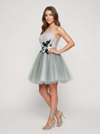 Green Tulle A-Line Scoop Neck Illusion Short Dress with 3D Flowers - Curvevia