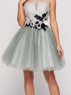 Green Tulle A-Line Scoop Neck Illusion Short Dress with 3D Flowers - Curvevia
