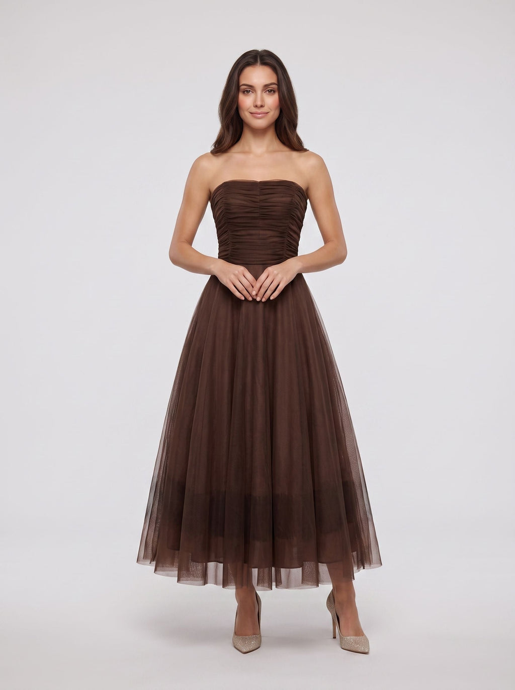 Mocha Chiffon A-Line Straight Neck Back Zip Floor-Length Dress with Pleated Bodice - Curvevia
