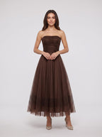 Mocha Chiffon A-Line Straight Neck Back Zip Floor-Length Dress with Pleated Bodice - Curvevia
