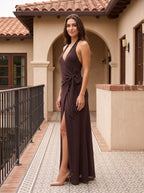 Mocha Chiffon A-Line Halter neckline Backless Floor-Length Dress with Front Slit - Curvevia