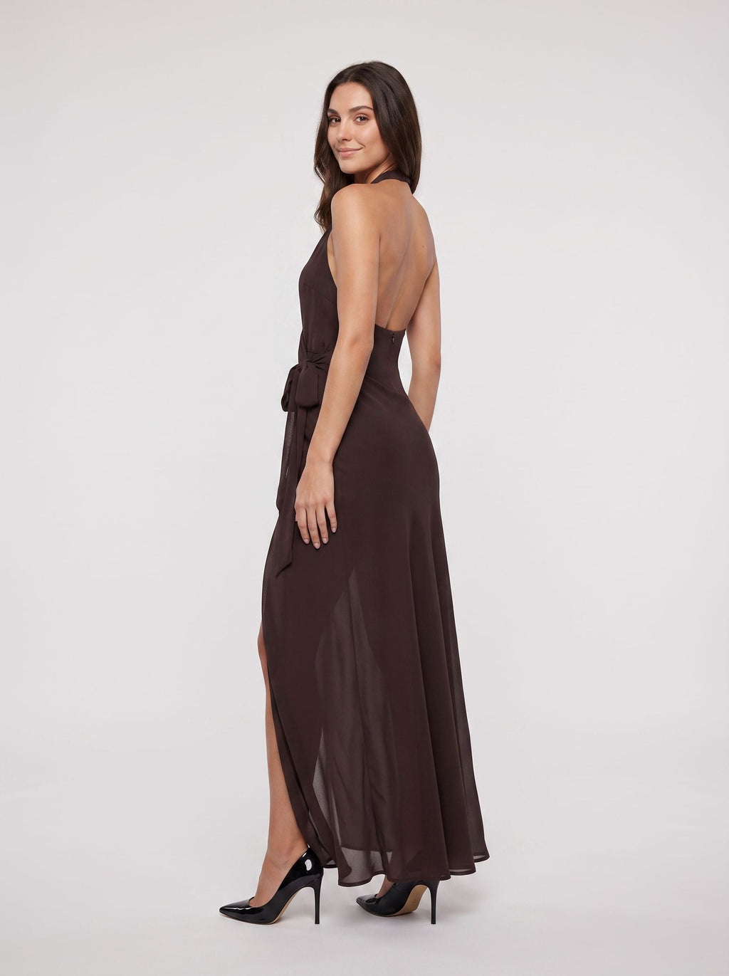 Mocha Chiffon A-Line Halter neckline Backless Floor-Length Dress with Front Slit - Curvevia