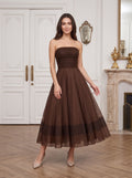 Mocha Chiffon A-Line Straight Neck Back Zip Floor-Length Dress with Pleated Bodice - Curvevia