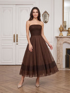 Mocha Chiffon A-Line Straight Neck Back Zip Floor-Length Dress with Pleated Bodice - Curvevia