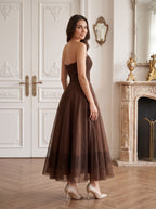 Mocha Chiffon A-Line Straight Neck Back Zip Floor-Length Dress with Pleated Bodice - Curvevia