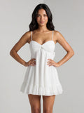 White Chiffon A-Line Sweetheart Bow Short Dress with Ruffle Hem - Curvevia