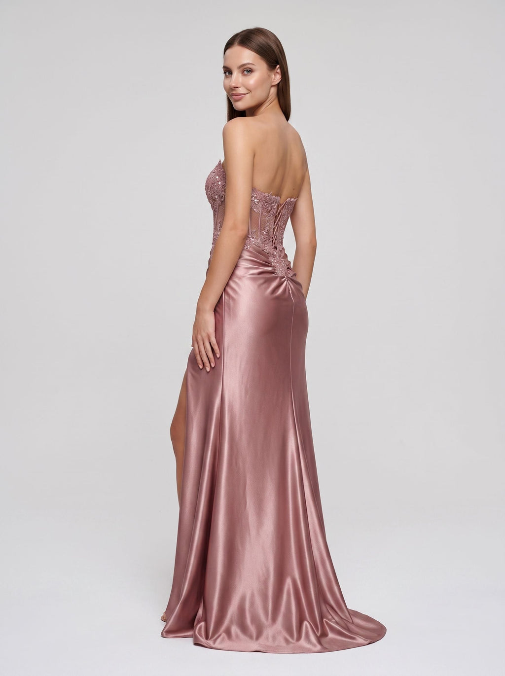 Rose Gold Satin A-Line Sweetheart Lace-up Floor-Length Dress with Beaded Corset and Slit - Curvevia