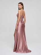 Rose Gold Satin A-Line Sweetheart Lace-up Floor-Length Dress with Beaded Corset and Slit - Curvevia