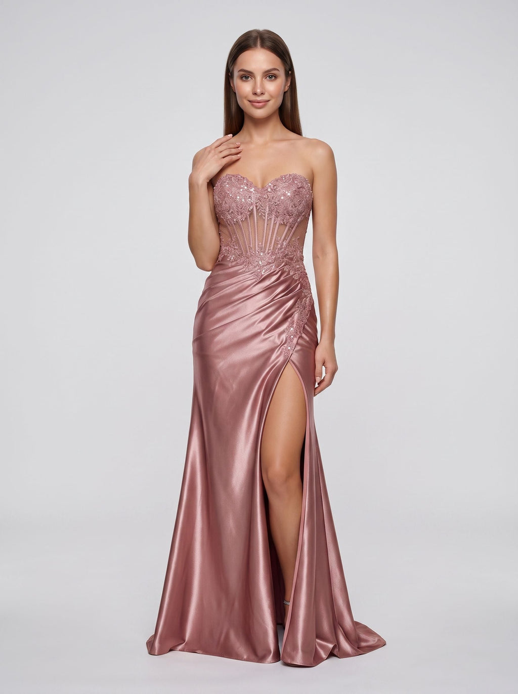 Rose Gold Satin A-Line Sweetheart Lace-up Floor-Length Dress with Beaded Corset and Slit - Curvevia