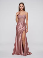 Rose Gold Satin A-Line Sweetheart Lace-up Floor-Length Dress with Beaded Corset and Slit - Curvevia