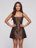 Mocha Jacquard A-Line Square Neck Lace-up Short Dress with Boned Bodice - Curvevia
