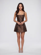 Mocha Jacquard A-Line Square Neck Lace-up Short Dress with Boned Bodice - Curvevia
